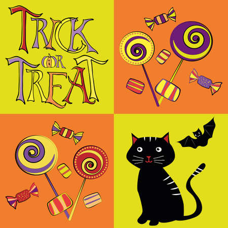 Halloween funky vector seamless pattern background. Orange and neon green backdrop with black cats, bats, candy and trick or treat text. Modern geometric all over print for giftwrap, party products.のイラスト素材