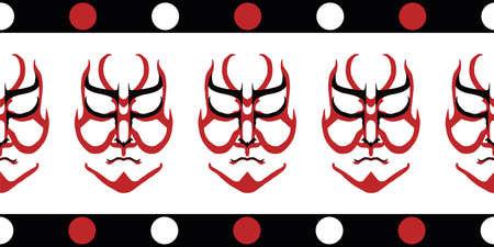 Japanese drama Kabuki face vector border. Banner of red and black theatre masks on white backdrop with dotted edging. Hand drawn stylised aragoto geometric design for far east concept, ribbon, trimのイラスト素材