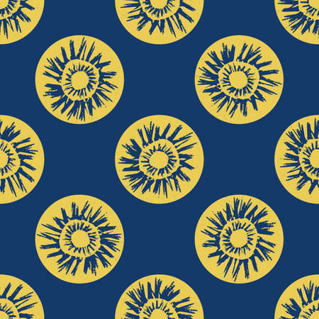 Vector ethnic and tribal motifs seamless pattern background. Yellow painterly grunge style sun symbol circles on blue backdrop. Hand drawn brush stroke all over print for mexican vacation, packagingのイラスト素材
