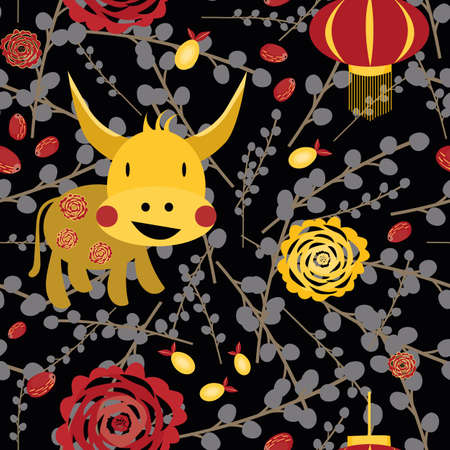 Vector Chinese new year of the ox seamless pattern background. Cute gold kawaii bull, paper cut peonies, pomelo and jujubu fruit on pussy willow backdrop. Calendar symbol of 2021. Celebration concept.のイラスト素材