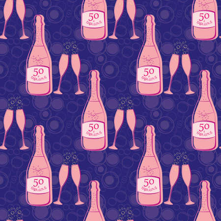 Fifty and fabulous seamless vector pattern background. Girly pink and purple bubble textured backdrop with Champagne bottles, fizzing glasses, text. Geometric repeat for milestone birthday celebrationのイラスト素材