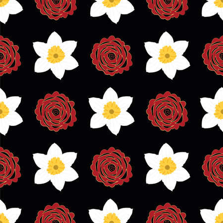 Vector Chinese new year seamless floral pattern background. Beautiful lucky red paper cut out peonies and white gold narcissus flowers black backdrop. Geometric all over print for annual celebration.のイラスト素材