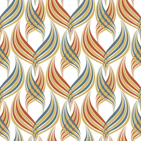 Abstract linocut style leaves decorative seamless vector pattern background. Damask effect backdrop of overlapping foliage. Stylized geometric design in red, green white. All over print for packaging.のイラスト素材