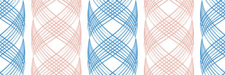 Vector inky blue and pink abstract braid effect damask weave border. Banner with curled woven lattice ribbons in alternating colors on white backdrop. Geometric design for ribbon, edging, trim.のイラスト素材