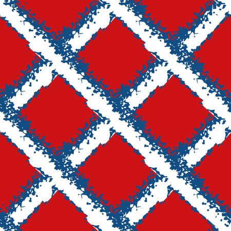 Vector wicker weave seamless pattern background. Painterly grunge brush diagonal grid mesh backdrop. Woven criss cross red,blue, white geometric repeat design. Nautical all over print for packagingのイラスト素材