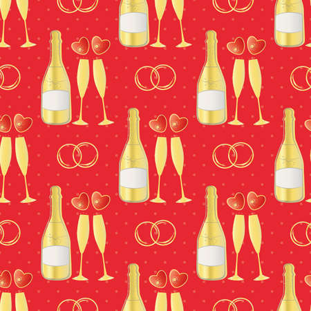 Champagne bubbles and hearts seamless vector pattern background. Gold bottles, glasses, fizzy drink on polka dot red backdrop. Sparkling wine all over print for engagement, Valentine celebrationのイラスト素材