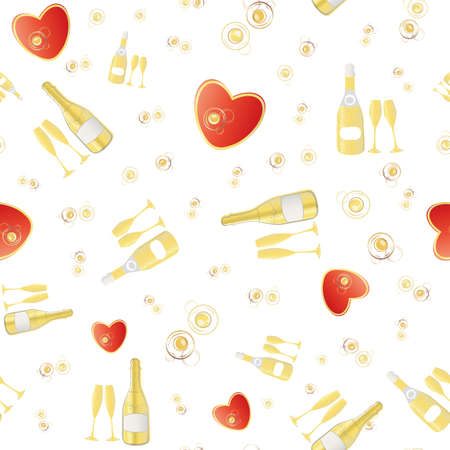 Champagne and red hearts seamless vector pattern background. Gold bottles, glasses, fizzy drink on white backdrop. Elegant sparkling wine repeat. All over print for engagement, Valentine celebrationのイラスト素材