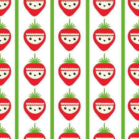 Cute strawberry seamless vector pattern background. Backdrop with happy smiling and laughing fruit cartoon faces and alternating stripes Fun all over print design for kids healthy food concept.のイラスト素材