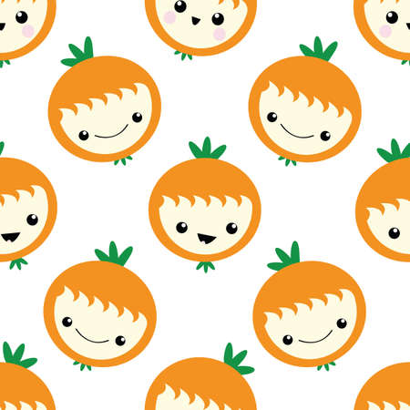 Cute kawaii oranges seamless vector pattern background. Happy smiling and laughing fruit cartoon faces on white backdrop. Fun quirky illustration for kids healthy food concept. All over printのイラスト素材