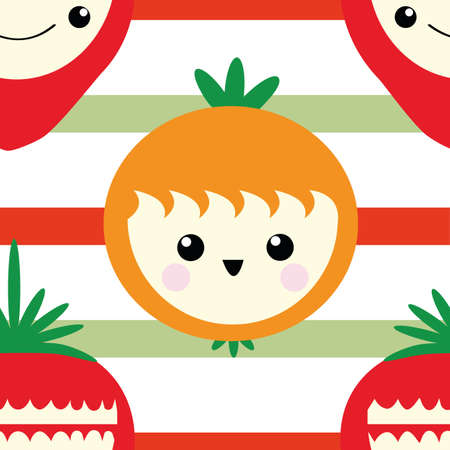 Cute kawaii oranges and strawberry seamless vector pattern background. Happy smiling and laughing fruit cartoon faces on striped backdrop. Fun design for kids healthy food concept. All over print.のイラスト素材