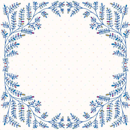 Fun wild meadow grass floral frame. Hand drawn partially colored cobalt leaves on polka dot background with space for copy text. Modern geometric botanical design. Funky, colorful illustrationのイラスト素材