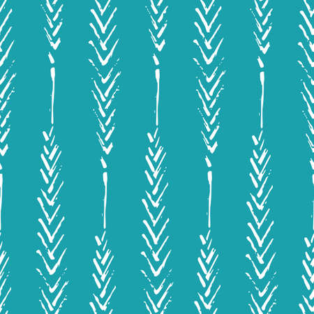 Mono print style narrow leaves seamless vector pattern background. Simple lino cut effect painterly outline leaf foliage on aqua blue backdrop. At home hand crafted concept. Vertical geometric repeatのイラスト素材