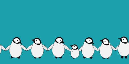 Cute Kawaii penguin baby vector border background. Banner of an adorable row of cartoon character emperor chicks holding wings on aqua blue backdrop. Hand drawn winter geometric horizontal repeat.のイラスト素材
