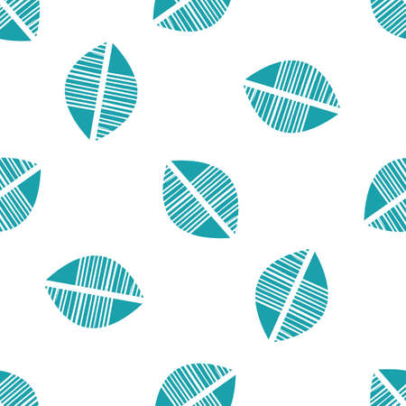 Abstract mono print style tribal foliage seamless vector pattern background. Simple lino cut effect halves of offset textured leaves.Aqua blue white repeat backdrop. Scattered motifs all over print.のイラスト素材