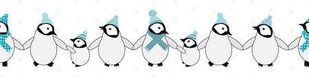 Vector border with cute Kawaii penguin babies. Cartoon emperor chicks with blue hats and scarves standing in a row, holding wings on antarctic white backdrop. Winter themed banner for edging, ribbonのイラスト素材
