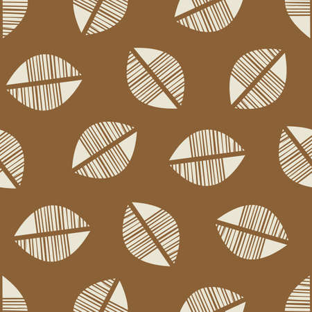 Vector abstract mono print style stylized foliage seamless pattern background. Simple lino cut effect halves of offset textured leaves on caramel brown backdrop. Scattered spacious all over print.のイラスト素材