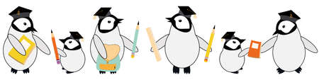 Cute vector border with Kawaii penguin chicks in scholar hat with pencils, notebooks on white backdrop. Banner with a row of cartoon emperor babies in school attire. Fun concept for education learningのイラスト素材