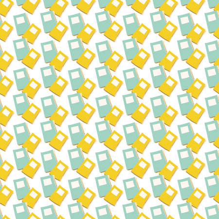 Vector sets of blue, yellow notebooks seamless pattern background. Vertical rows of journals on white backdrop. Cartoon hand drawn design.Fun all over print for study, learning, school conceptのイラスト素材
