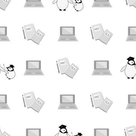 Vector Kawaii penguin chicks with notebooks, laptops seamless pattern background. Cartoon pair of emperor baby chicks with journals, computers monochrome backdrop. Repeat for learning, school conceptのイラスト素材
