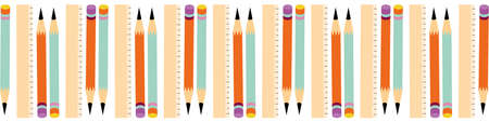 Sets of pencils with eraser tops and rulers vector border on a white background. Seamless repeat banner with alternating vertical rows of colourful pens. Design for school, learning, education conceptのイラスト素材