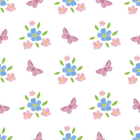 Forget-Me-Not floral and butterfly seamless vector pattern background. effect pink blue mysotis flowers and insects on white backdrop. botanical all over printのイラスト素材