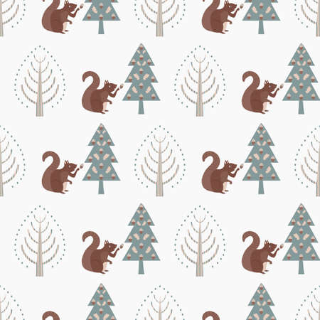 Cute squirrel in forest vector seamless pattern background. Scandi style backdrop with woodland animals collecting acorns from the trees. Geometric folk art hand draw design. Modern all over printのイラスト素材