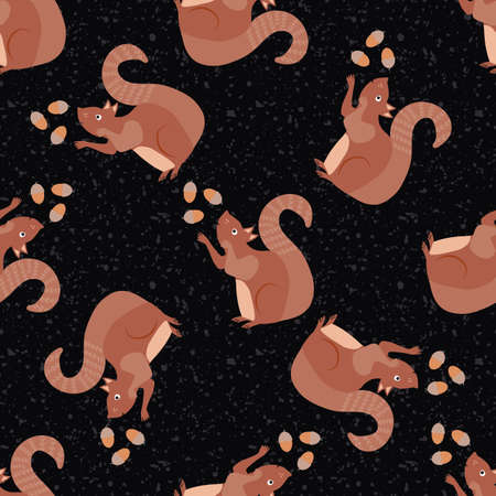 Cute squirrel juggling acorns seamless pattern background. Red brown woodland animals throwing nuts up in the air textured black backdrop. Fun forest wildlife design. Hand drawn modern all over printのイラスト素材