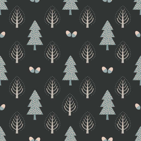 Beautiful stylized trees and pairs of acorns.Vector seamless pattern background. Scandi nordic style...