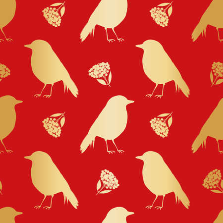Gold foil robin redbreast, berries, leaves seamless vector pattern background. Festive red backdrop with birds and branches of cotoneaster plant. Winter wildlife and botanical all over print.のイラスト素材