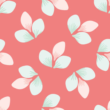 Beautiful hand drawn trio of spring blossoms seamless vector pattern background. Pink and mint green delicate petals on coral color backdrop. Floral botanical illustration. Decorative all over printのイラスト素材
