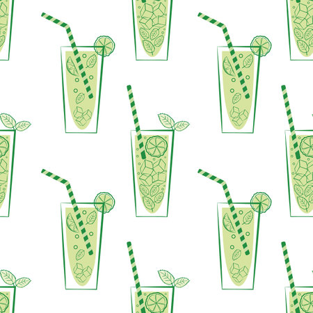 Lemonade glass and straw vector seamless pattern background. Retro green white geometric backdrop with drinks glasses, straws, citrus fruit, minty leaves. Mint drink beverage repeat for summer partyのイラスト素材