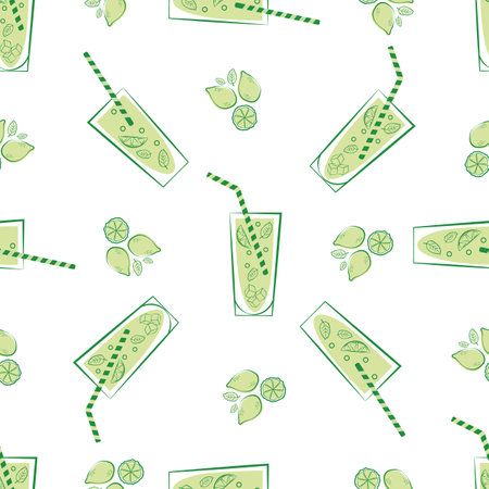 Lemonade glass and straw vector seamless pattern background. Retro green white backdrop with line art style drinks glasses, straws, citrus fruit, minty leaves. Mint drink beverage repeat for summerのイラスト素材
