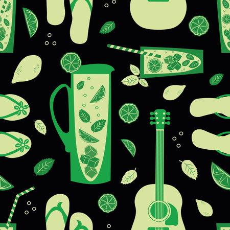 Cocktail pitcher, glass, flip flop, guitar vector seamless pattern background. Backdrop with carafe,...