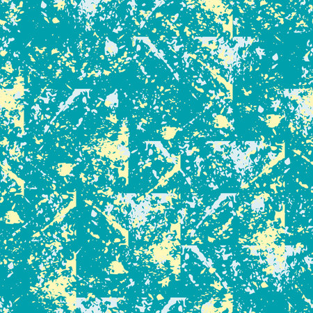 Grunge block print style geometric texture. Seamless vector pattern background with paint spatter. Aqua blue yellow organic textural backdrop repeat. Scattered irregular shapes, faded layered effect.のイラスト素材