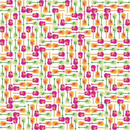 Acoustic guitar seamless vector pattern background. Dense truchet geometric backdrop in tropical colors. Musical instruments repeat. Hand drawn icons.Textural all over print for music concept productsのイラスト素材