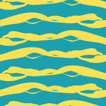 Vector twisted yarn effect striped seamless pattern background. Horizontal stripe yellow color strands on aqua blue backdrop. Irregular parallel lines repeat effect. All over print for summer beachのイラスト素材