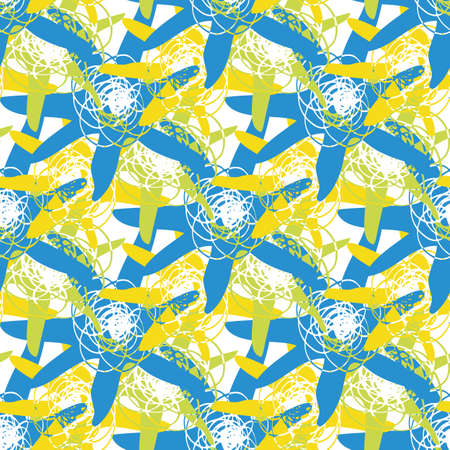 Abstract starfish seamless vector pattern background. Painterly sea stars with scribble texture. Naive style blue yellow backdrop with hand drawn ocean creatures. All over print for summer beachのイラスト素材