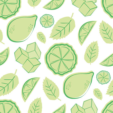 Citrus fruit, mint leaves, ice cubes vector seamless pattern background. Retro green white backdrop...