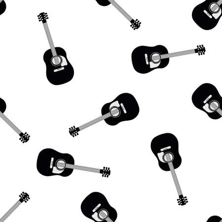 Acoustic guitar vector seamless pattern background. Black and white musical string instrument backdrop. High contrast monochrome design. All over print repeat for music lesson or festival conceptのイラスト素材