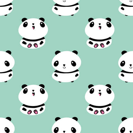 Kawaii vector panda seamless pattern pattern background. Cute black and white sitting cartoon bears on pastel teal backdrop. Hand drawn illustration. Geometric animal repeat. All over print for kidsのイラスト素材