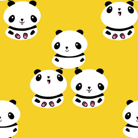 Kawaii vector panda seamless pattern pattern background. Trio of cute black and white sitting cartoon bears on yellow backdrop. Hand drawn illustration. Geometric nature animal all over print for kidsのイラスト素材