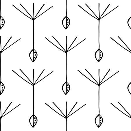 Dandelion seed seamless vector pattern background. Backdrop of abstract floating herbacious flower seeds black and white backdrop. Stylised hand drawn line art design. Monochrome botanical repeatのイラスト素材