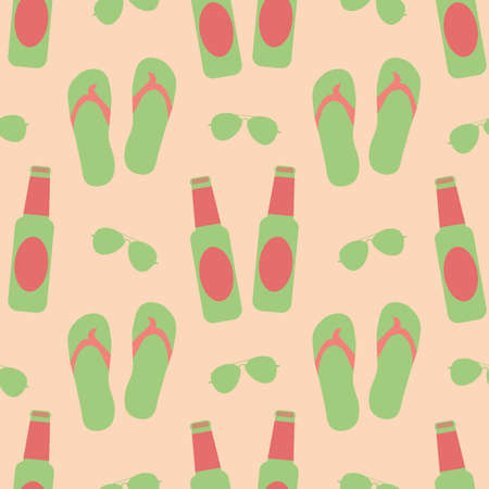 Beach party vector seamless pattern background. Tropical color backdrop with men flip flops, aviator...