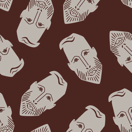 Male face seamless vector pattern background. Monochrome brown backdrop with hand drawn head of a...