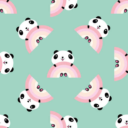 Kawaii panda rainbow seamless vector pattern background. Backdrop with cute black and white sitting cartoon bears holding on to pastel rainbows. Laughing and smiling animals. All over print for kidsのイラスト素材