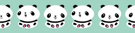 Cute Kawaii vector panda seamless border. Banner of adorable black and white sitting cartoon bears on pastel blue background .Hand drawn illustration.Character animal repeat. Great for ribbon, edgingのイラスト素材