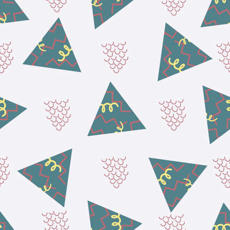 Memphis style triangle abstract waves vector seamless pattern background. White, teal, pink backdrop...