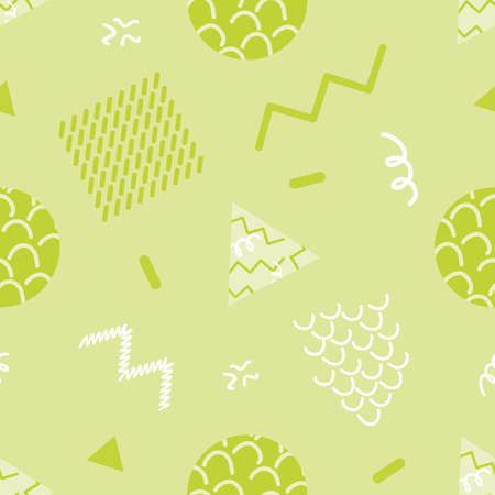 Memphis geometric shapes vector abstract seamless pattern background. Monochrome green backdrop with waffle squares, triangles, circles, zig zag wavy lines. Scribbled funky repeat for summer beachのイラスト素材