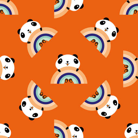 Kawaii panda rainbow seamless vector pattern background. Cute black and white sitting cartoon bears holding on to rainbows on orange backdrop. Laughing and smiling animals. All over print for kidsのイラスト素材