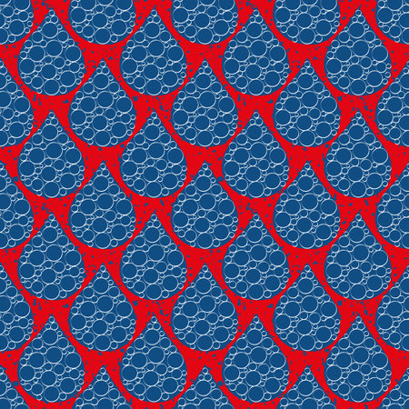 Abstract water drop and bubble vector seamless pattern background. Navy blue and red backdrop with rain drops containing small bubbles and grunge texture. Dense geometric repeat for nautical conceptのイラスト素材